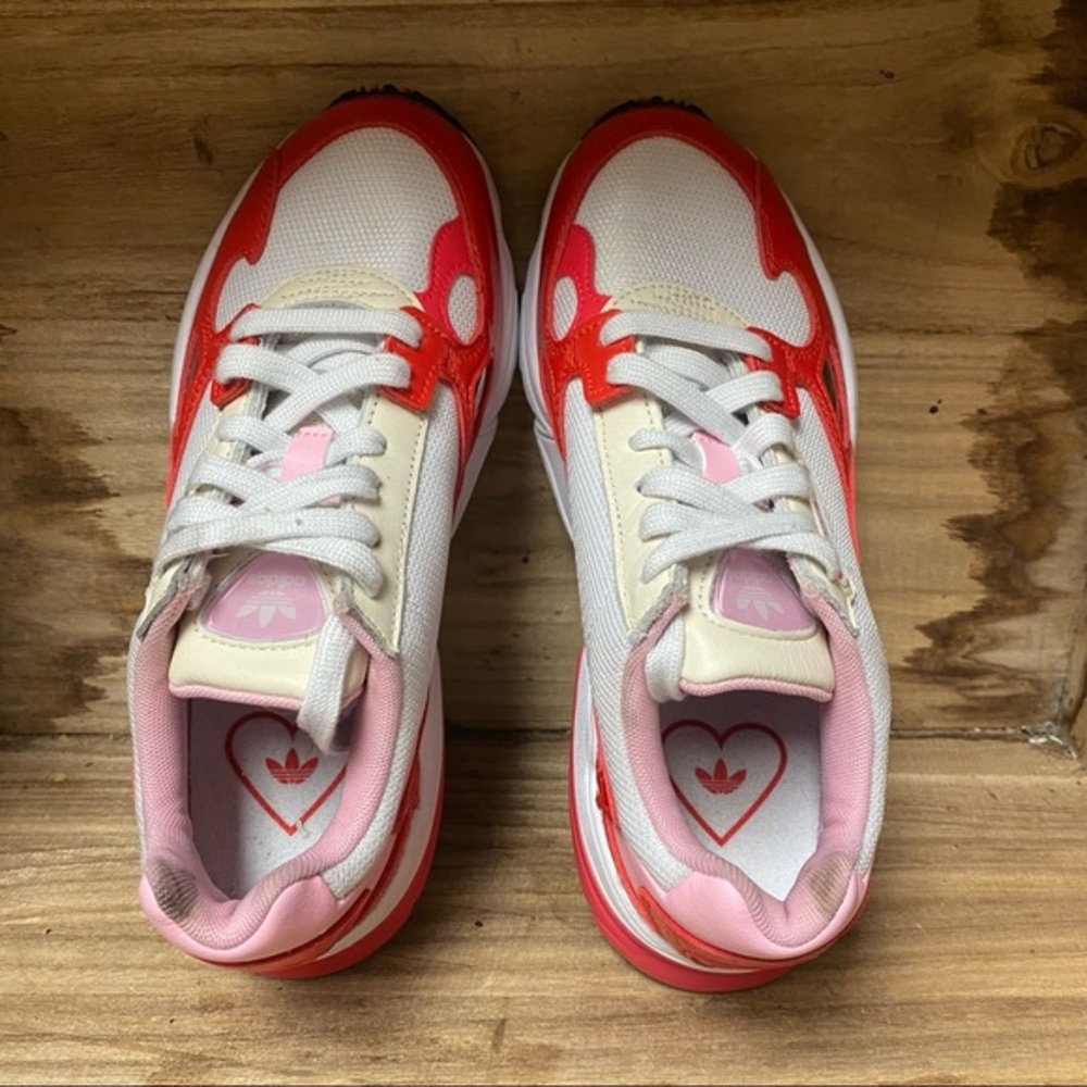 adidas Women's Red Pink White Falcon Sneakers - Picture 5 of 13